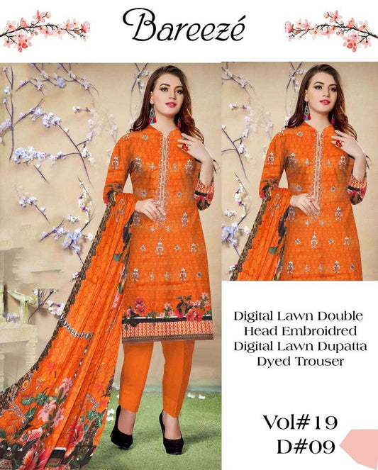 Orange embroidered outfit with dupatta and trousers by Bareezé, featuring floral patterns.