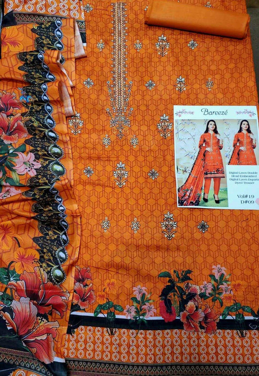 Orange fabric with floral patterns and decorative elements, alongside a model image of a garment.