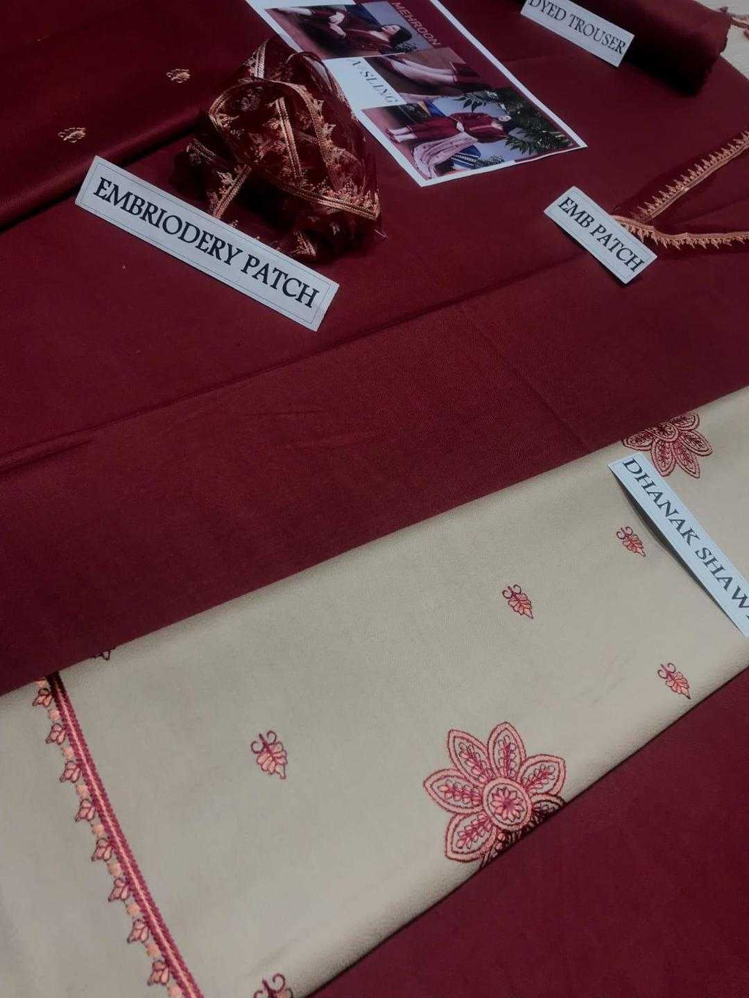 Red fabric with embroidered patterns and labels on a red background