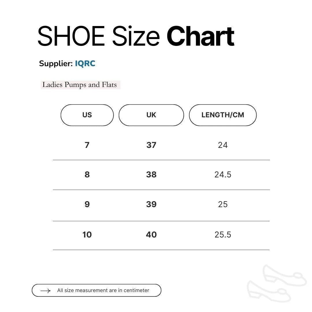 Shoe size chart for ladies' pumps and flats with US, UK, and LENGTH/CM measurements.