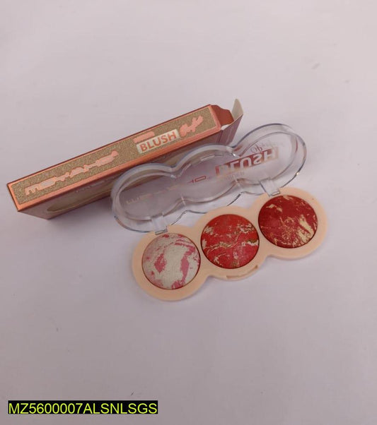 Makeup product with blush and applicator on a light gray background