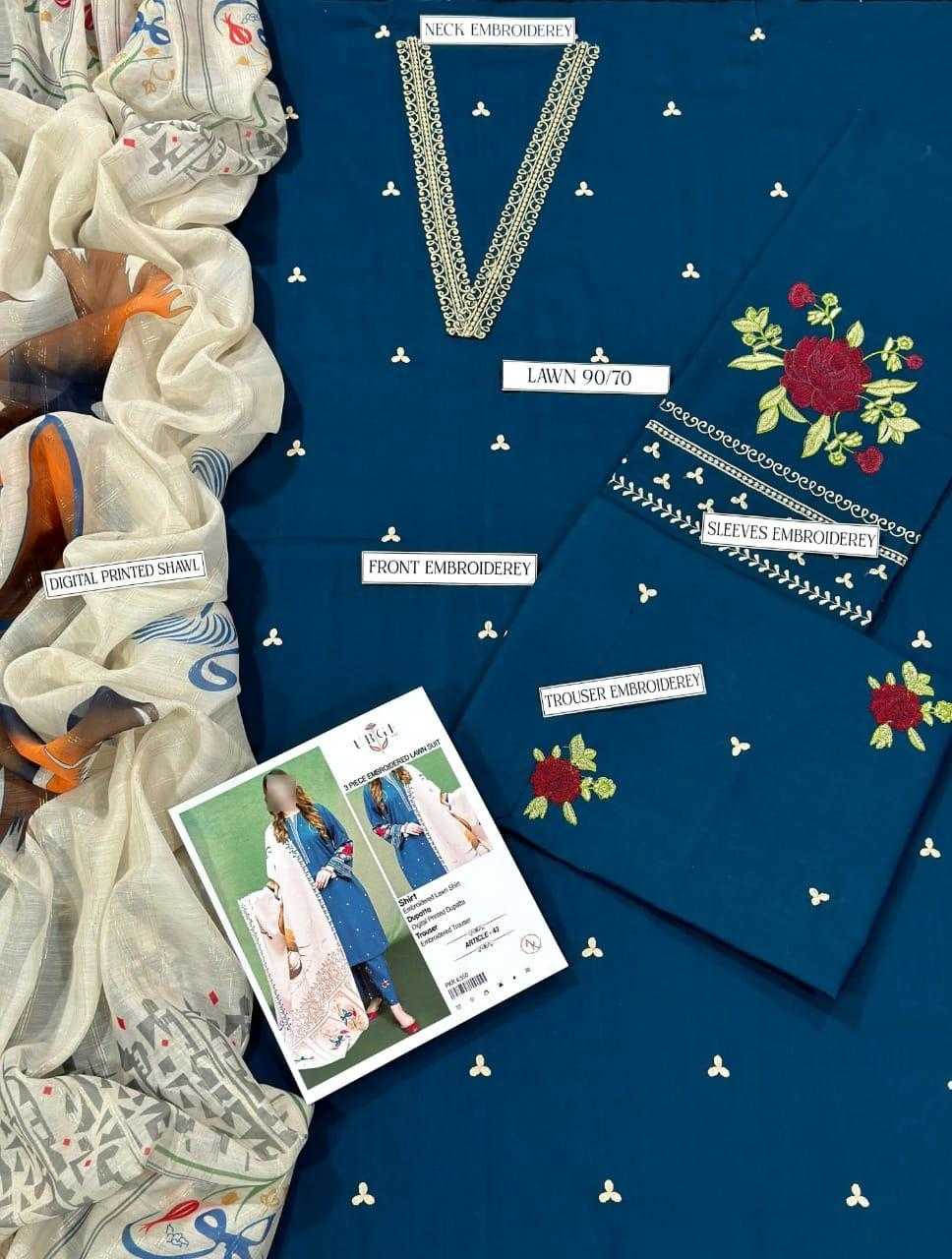 Collection of embroidered fabrics with labels on a blue background