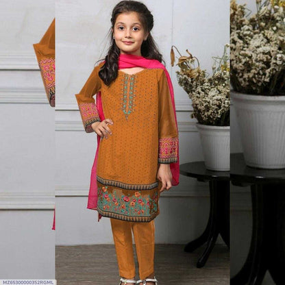 Young girl wearing an orange traditional outfit with pink dupatta indoors.