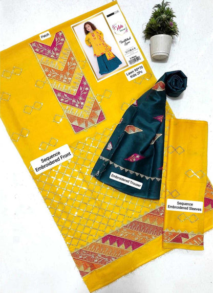 Yellow fabric with embroidered patterns and packaging on a white background