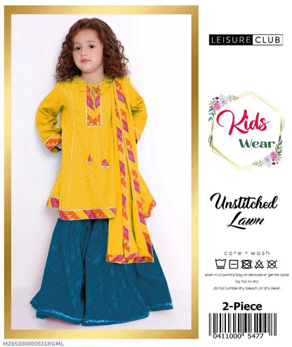 Child wearing a yellow and blue outfit with a matching shawl, on a white background with 'Leisure Club' branding.
