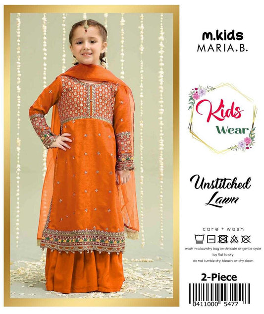 Child wearing an orange embroidered outfit with 'm.kids MARIA.B.' branding on a light background.