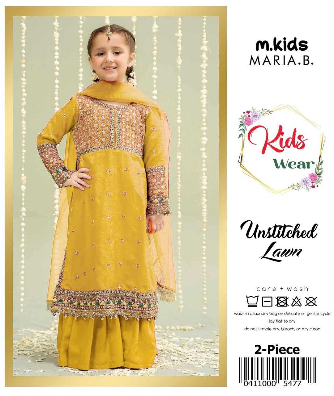 Young girl in a yellow embroidered outfit with 'm.kids MARIA.B.' branding on a decorative background.