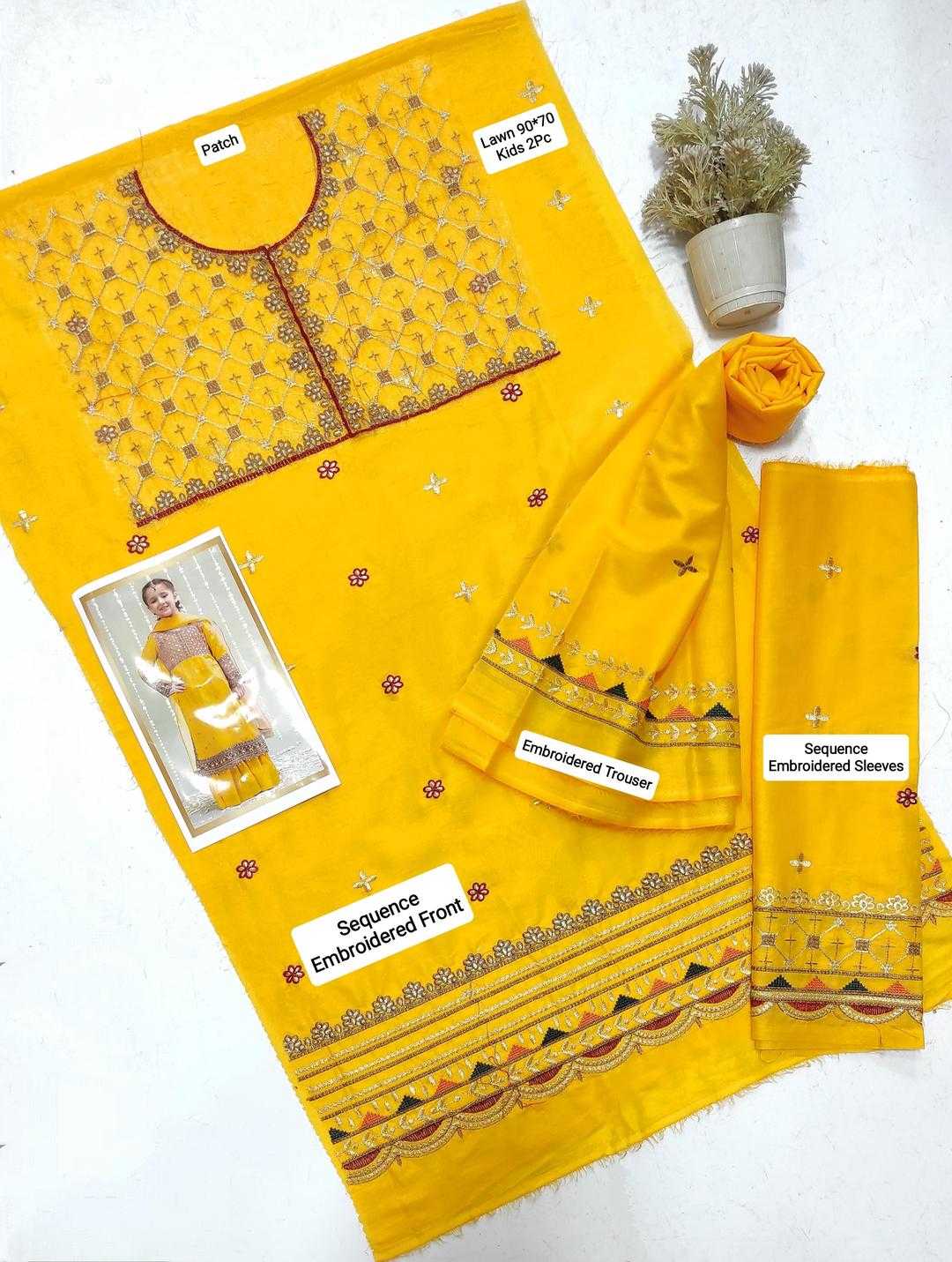 Yellow embroidered traditional outfit with matching dupatta on a white background
