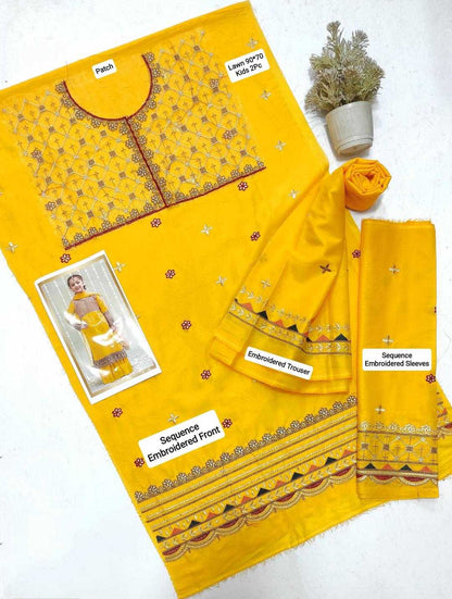 Yellow embroidered traditional outfit with matching dupatta on a white background