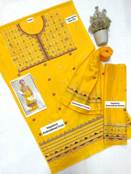 Yellow embroidered traditional outfit with matching dupatta on a white background