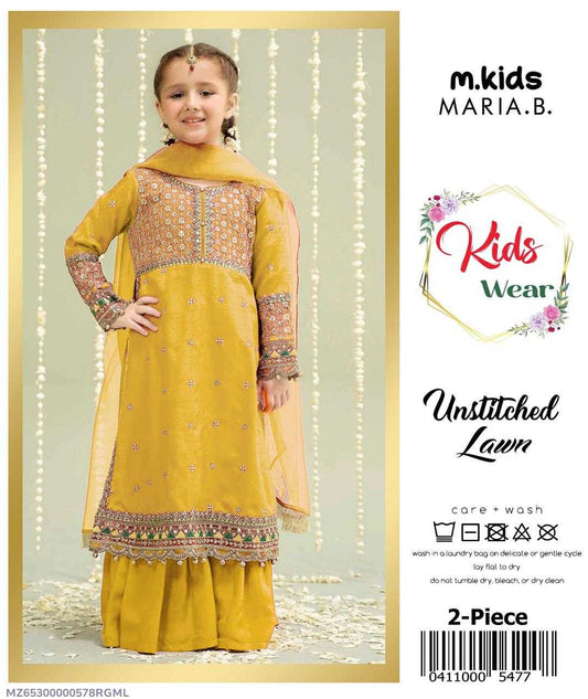 Young girl wearing a yellow embroidered outfit with 'm.kids MARIA.B.' branding on the right.