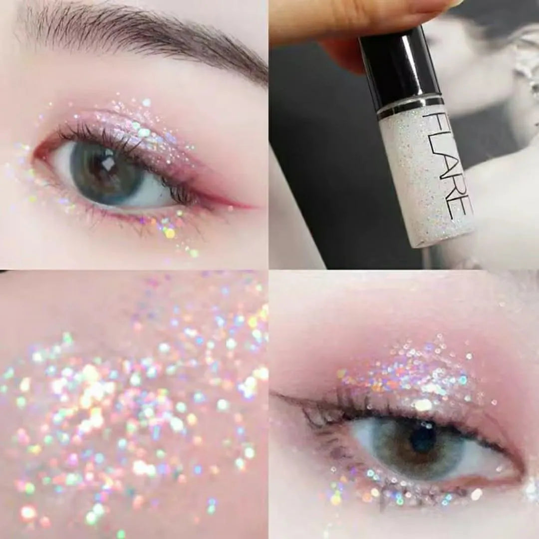 Collage of a person applying glittery makeup with a 'FLARE' product.