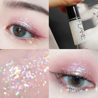 Collage of a person applying glittery makeup with a 'FLARE' product.