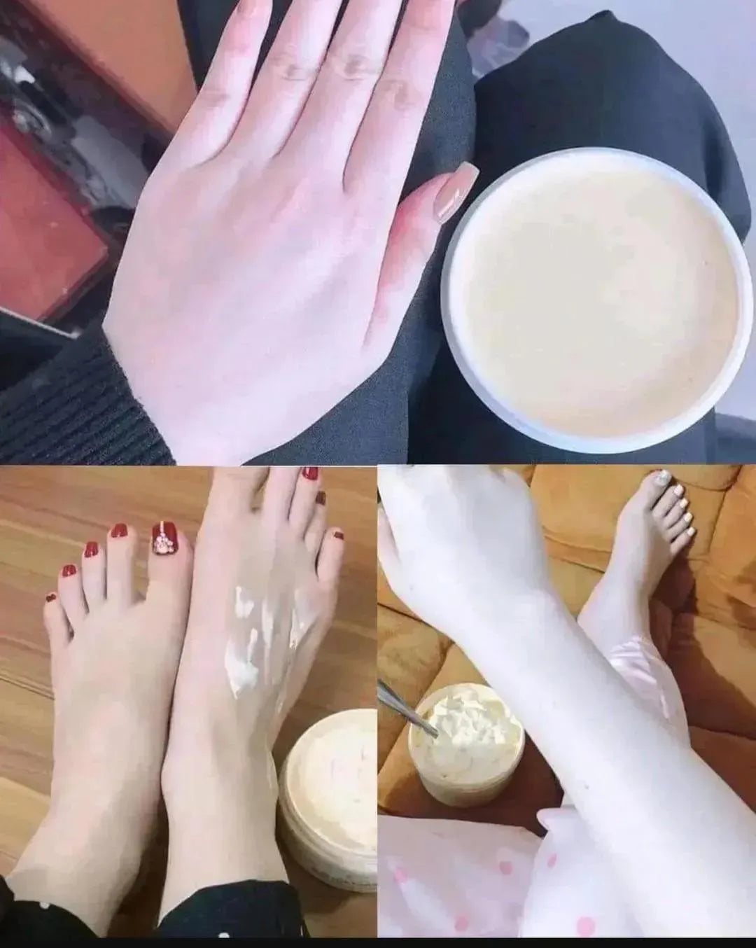 Collage of a hand applying cream, a bowl of cream, feet with cream on toes, and a foot with cream on a wooden floor.