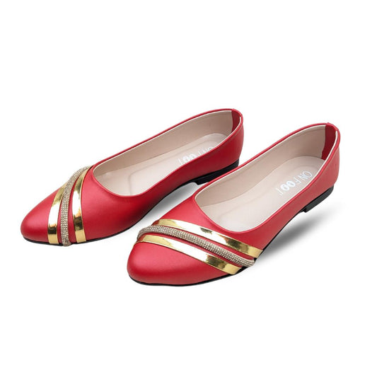 Red flats with gold accents on a white background
