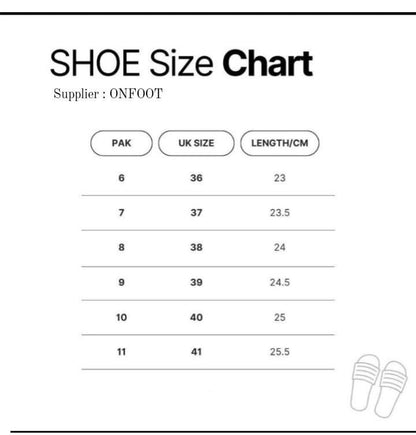 Shoe size chart with measurements for different shoe sizes.