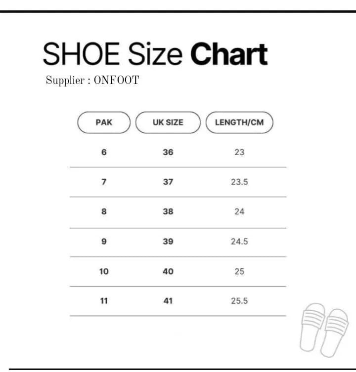 Shoe size chart with measurements for different shoe sizes.