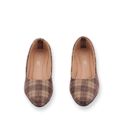 Pair of brown plaid shoes on a white background