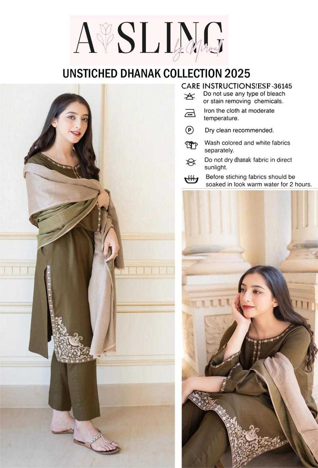 Woman wearing a green and beige traditional outfit with a sling, against a white wall.