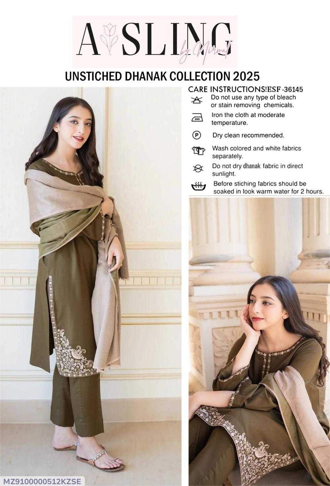 Woman wearing a green and beige traditional outfit with a sling, against a white wall.