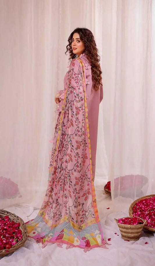 3 Pcs Lawn Embroidered Suit with Digital Dupatta - Peach | Summer Collection