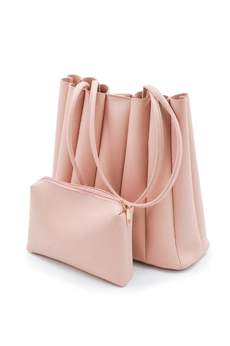 Women's PU Leather Plain Shoulder Bag - Pink | 2 Pcs Set