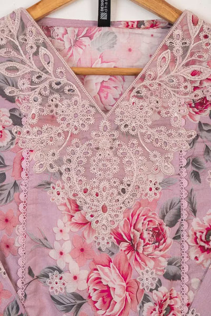 Floral dress with lace details on a hanger