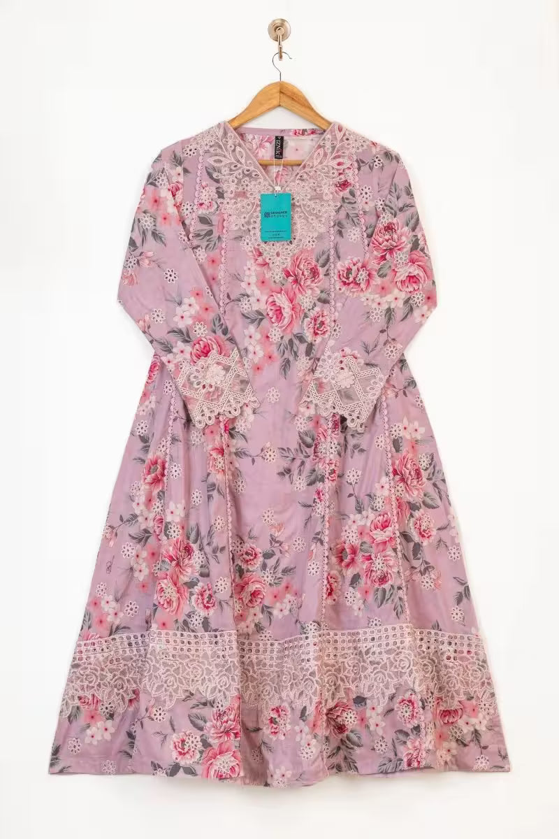 Floral dress with lace details on a hanger against a white background
