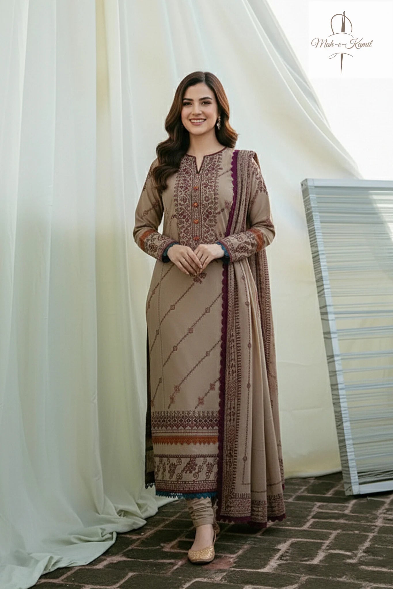 Florent - 3 Pcs Embroidered Dhanak Suit - Ivory | Unstitched Winter Collection